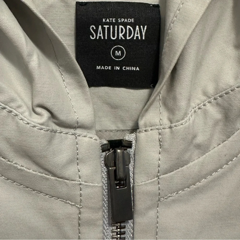 Kate Spade Saturday Gray Rain Trench Coat M Unlined Hooded Full Zip Pockets